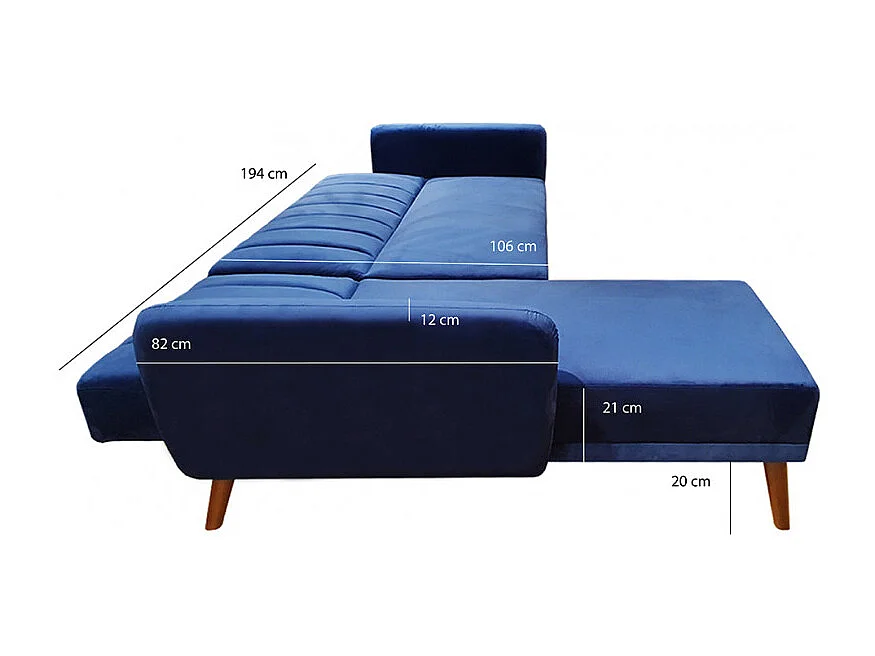 Canapé angle réversible convertible velours bleu pieds bois - URSULE