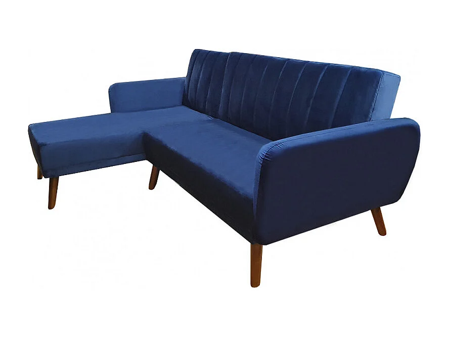 Canapé angle réversible convertible velours bleu pieds bois - URSULE