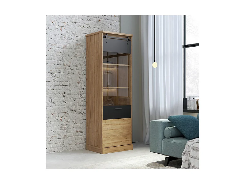 Colonne vitrée 1 porte décor chêne et noir mat éclairage LED - FARM