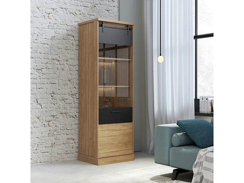 Colonne vitrée 1 porte décor chêne et noir mat éclairage LED - FARM