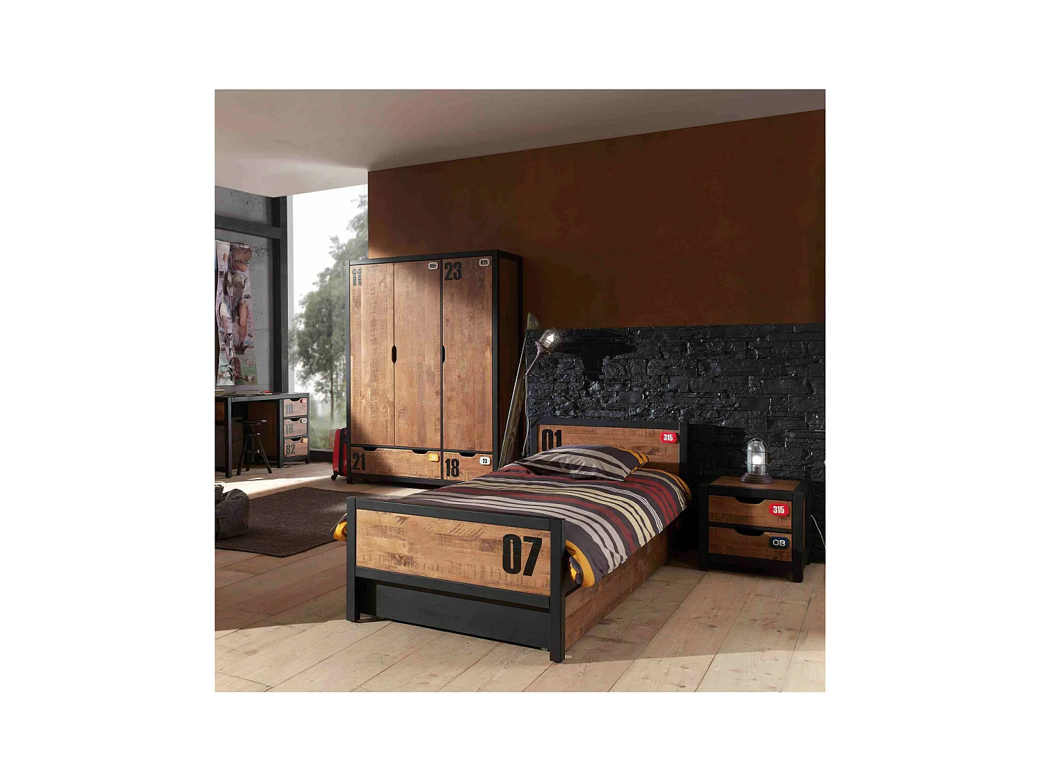 TCHAD - Chambre 90x200cm + Armoire 3 Portes + Bureau