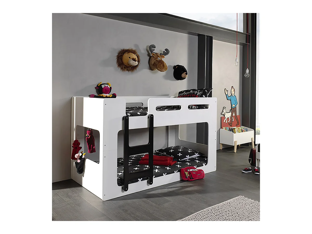 ZAZOU - Lits Superposés 90x200cm Blanc et Noir