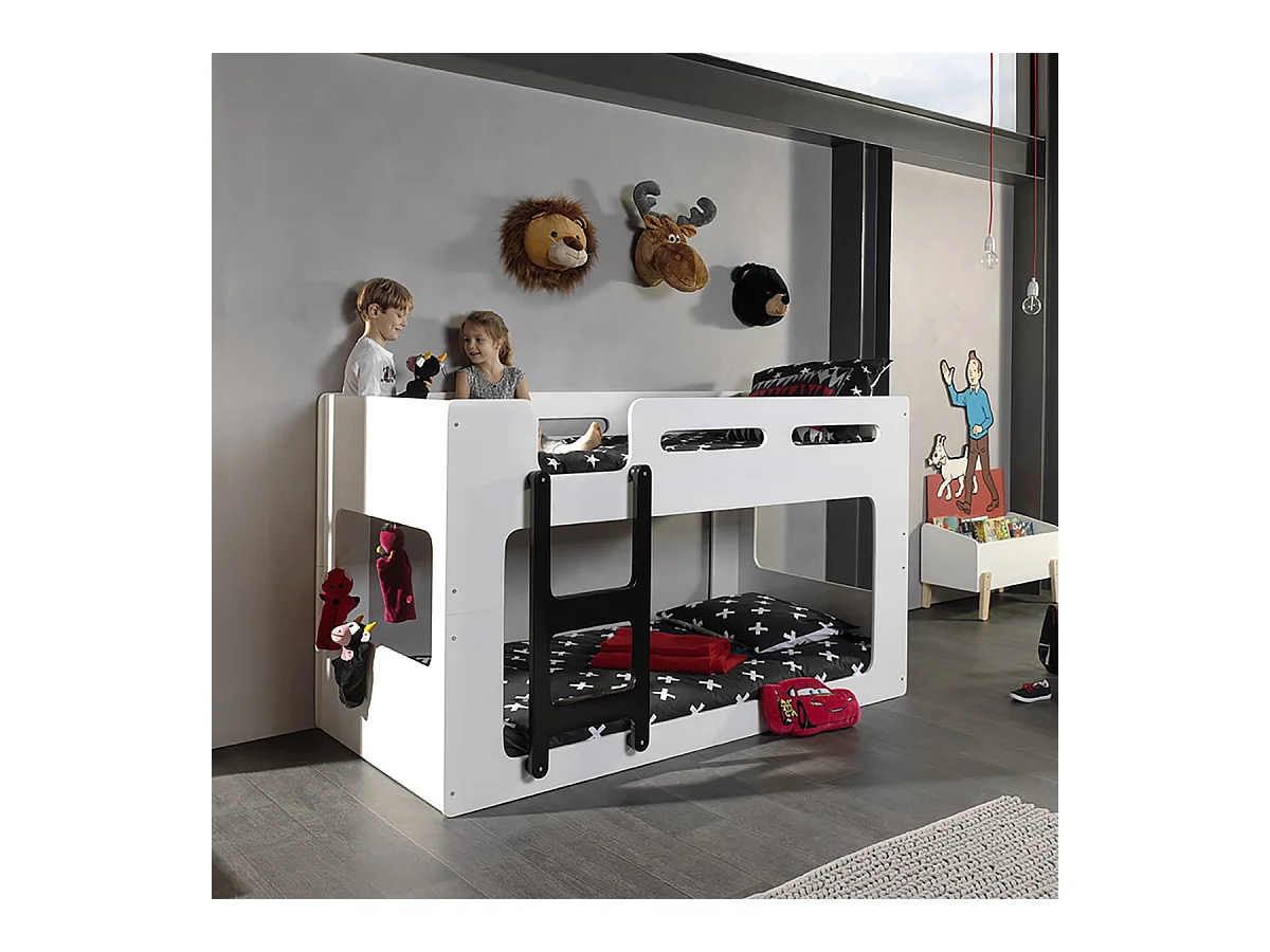 ZAZOU - Lits Superposés 90x200cm Blanc et Noir