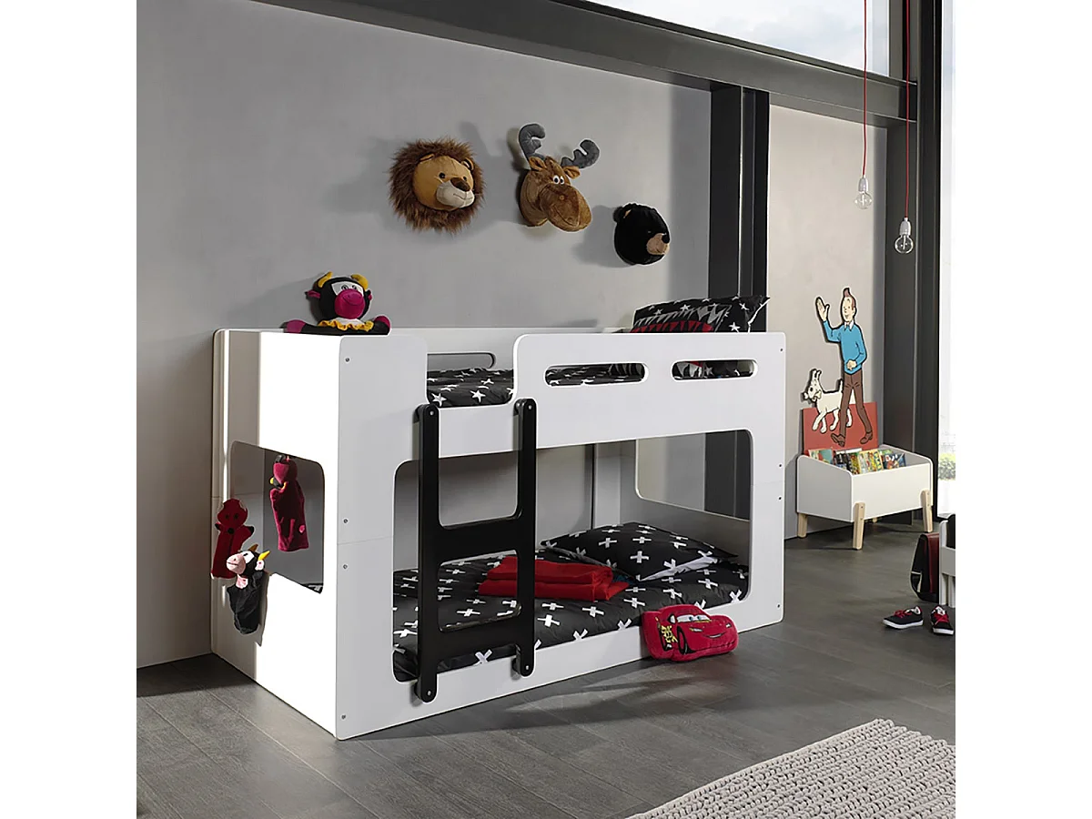 ZAZOU - Lits Superposés 90x200cm Blanc et Noir