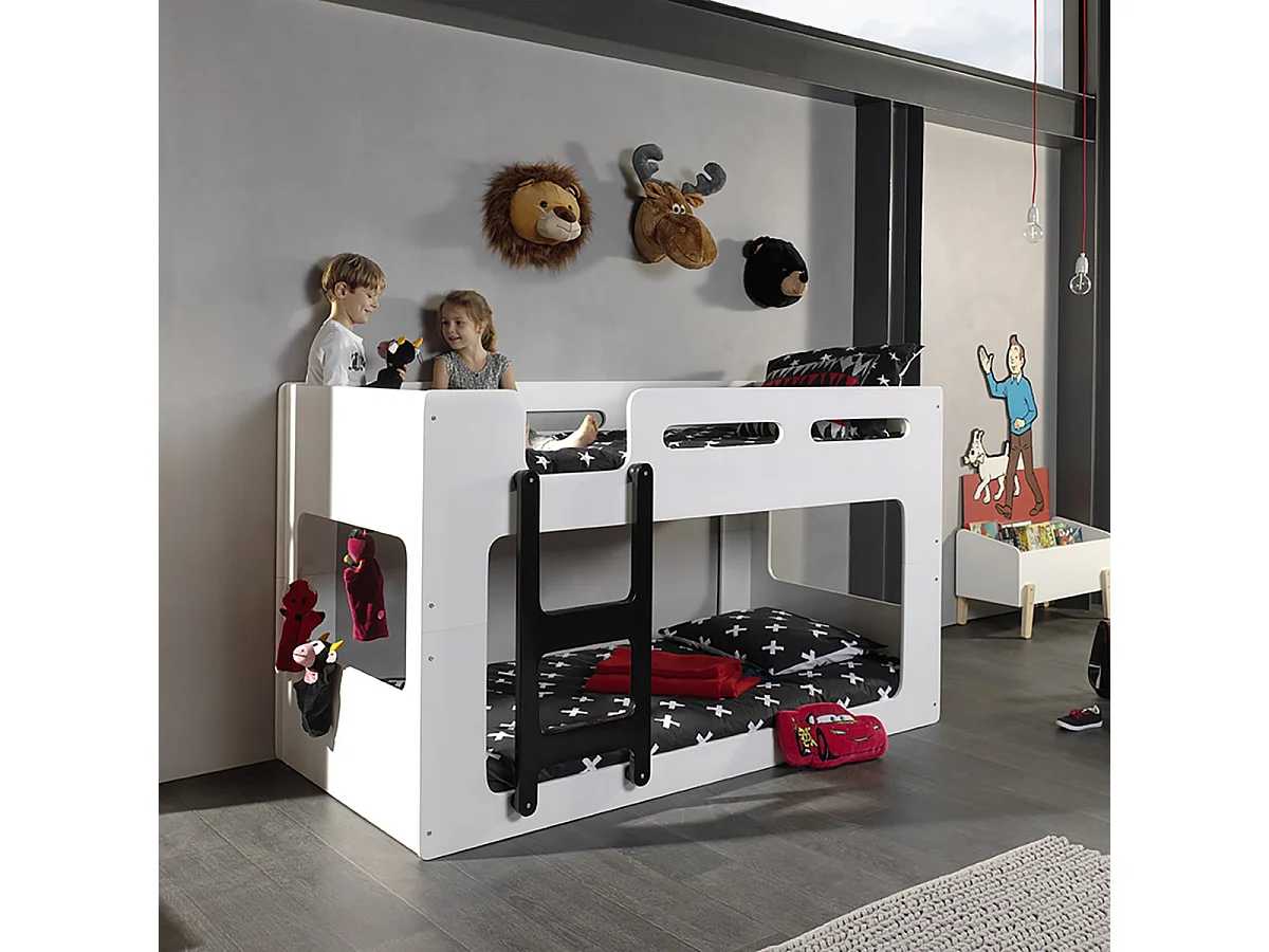 ZAZOU - Lits Superposés 90x200cm Blanc et Noir