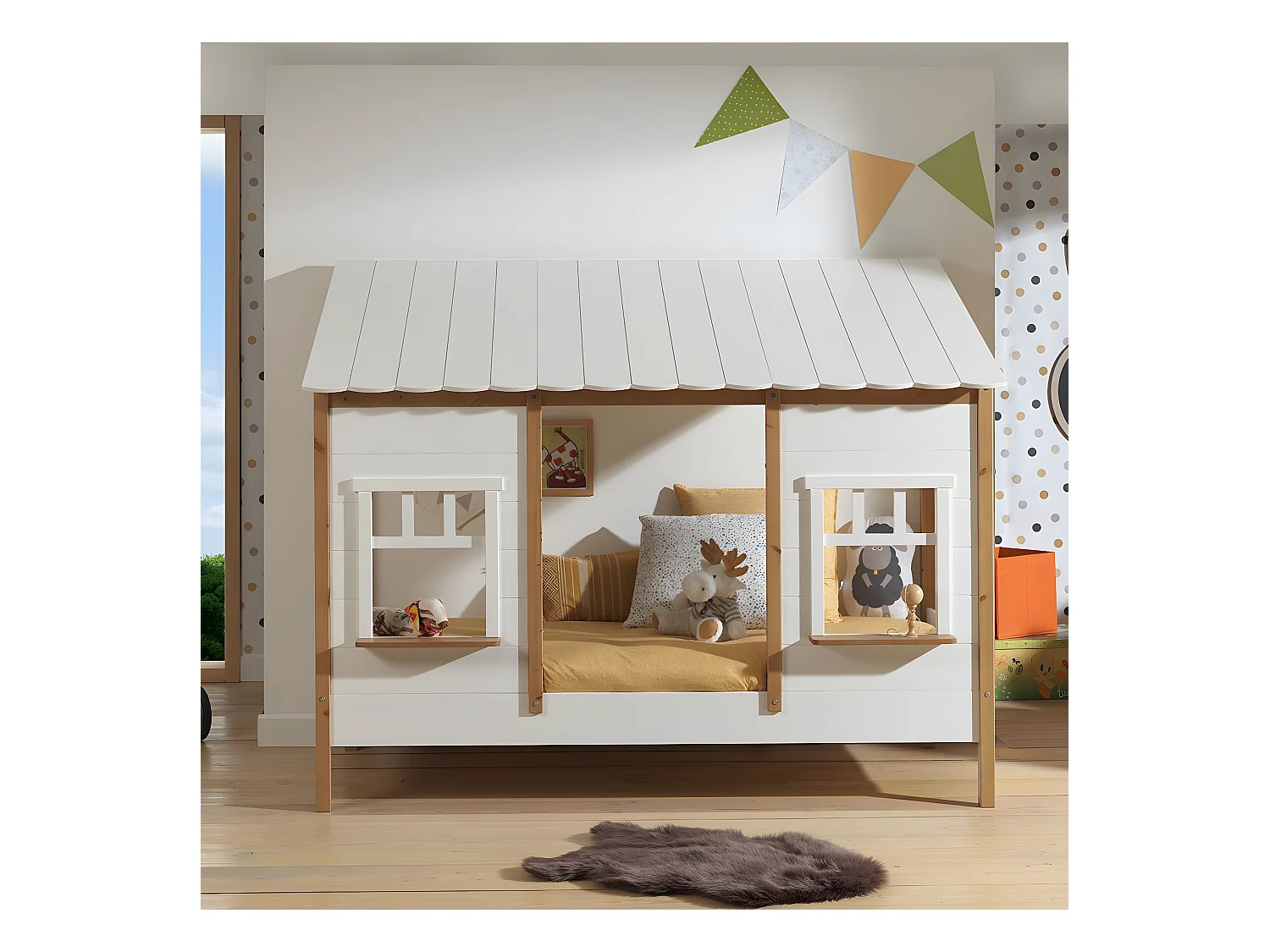 LAKA - Lit Maison 90x200cm Blanc et Pin Naturel