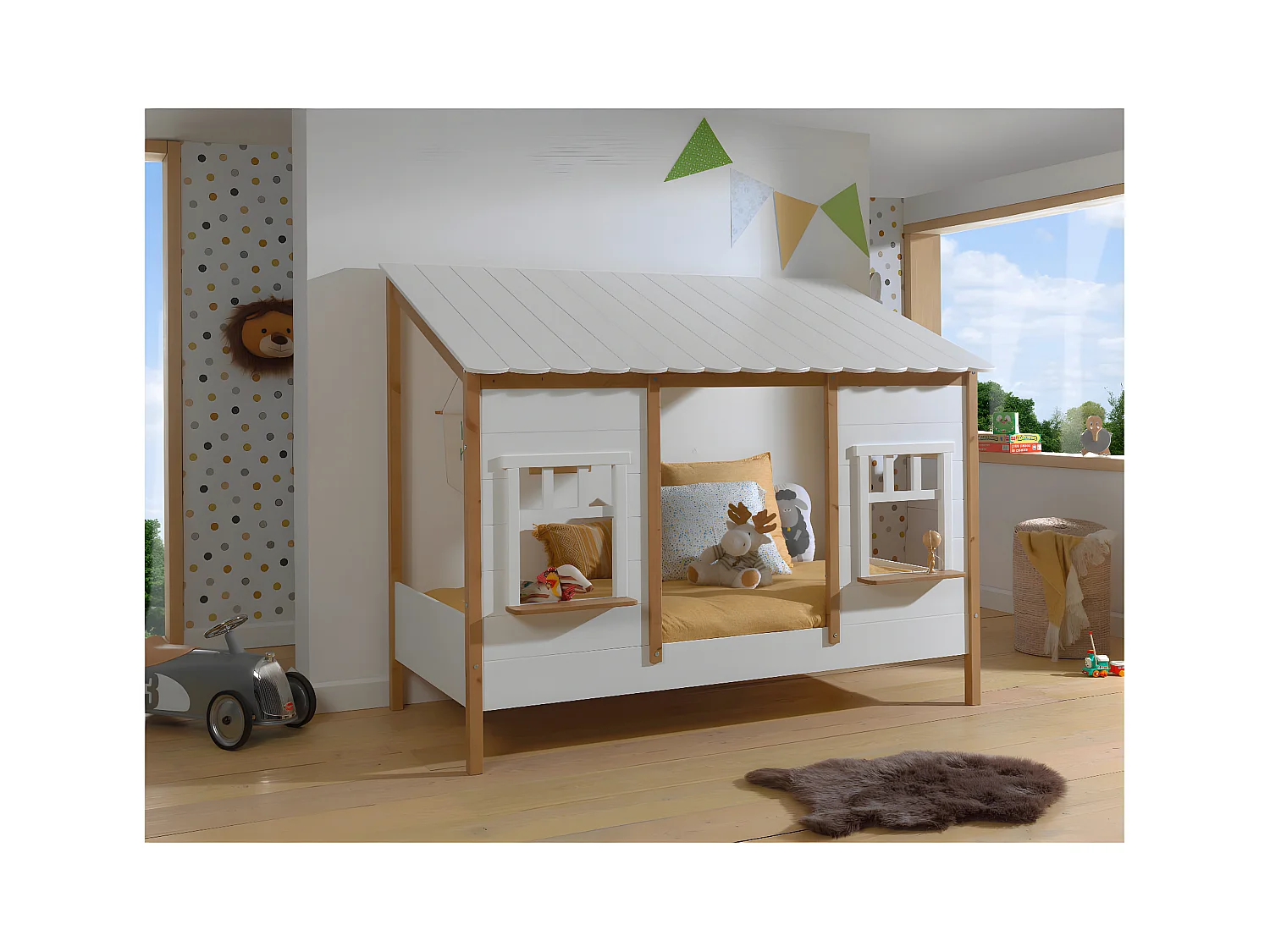 LAKA - Lit Maison 90x200cm Blanc et Pin Naturel