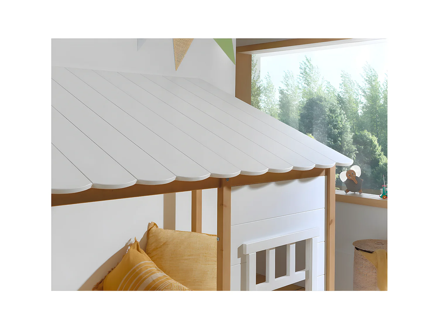 LAKA - Lit Maison 90x200cm Blanc et Pin Naturel
