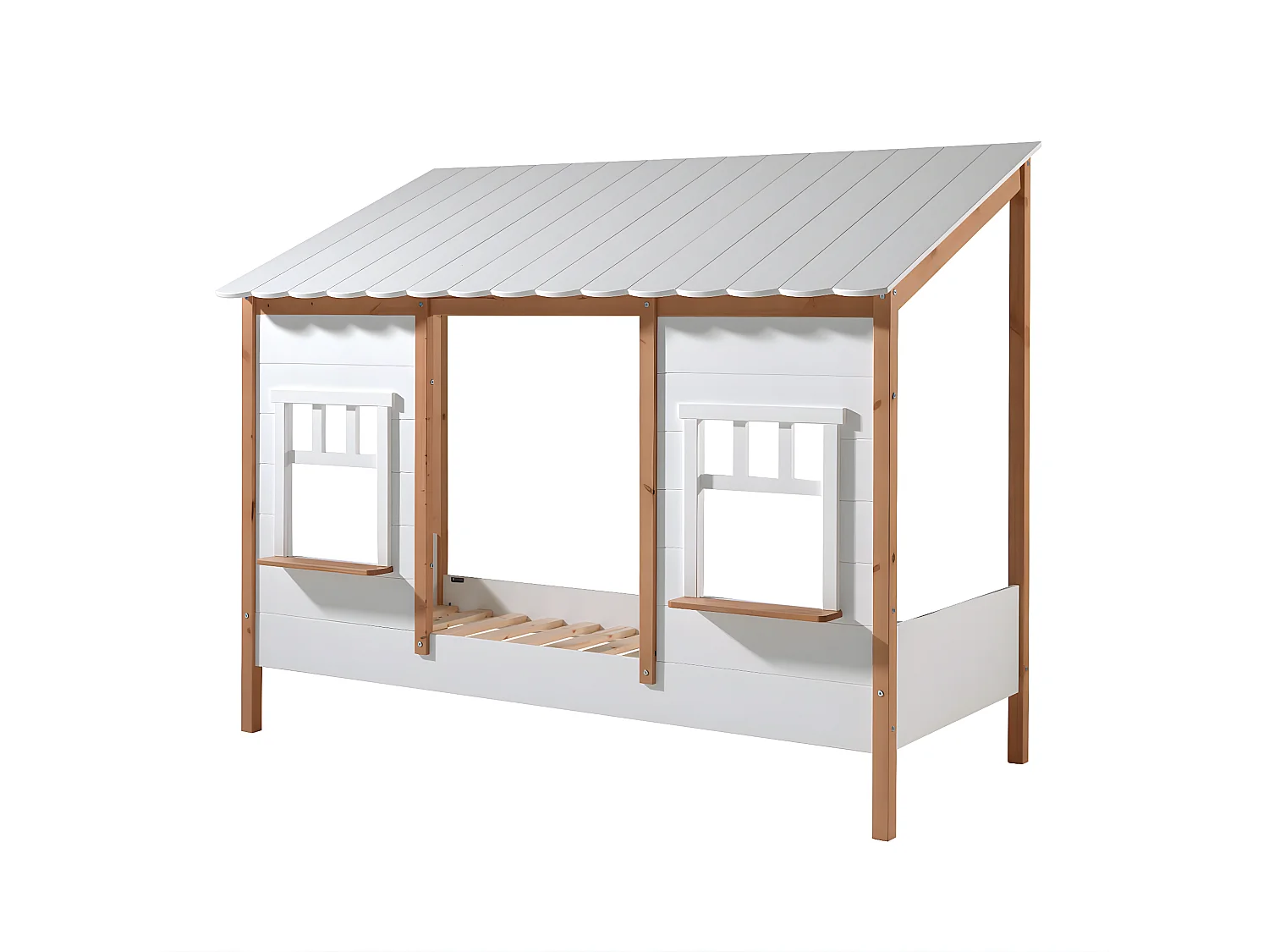 LAKA - Lit Maison 90x200cm Blanc et Pin Naturel