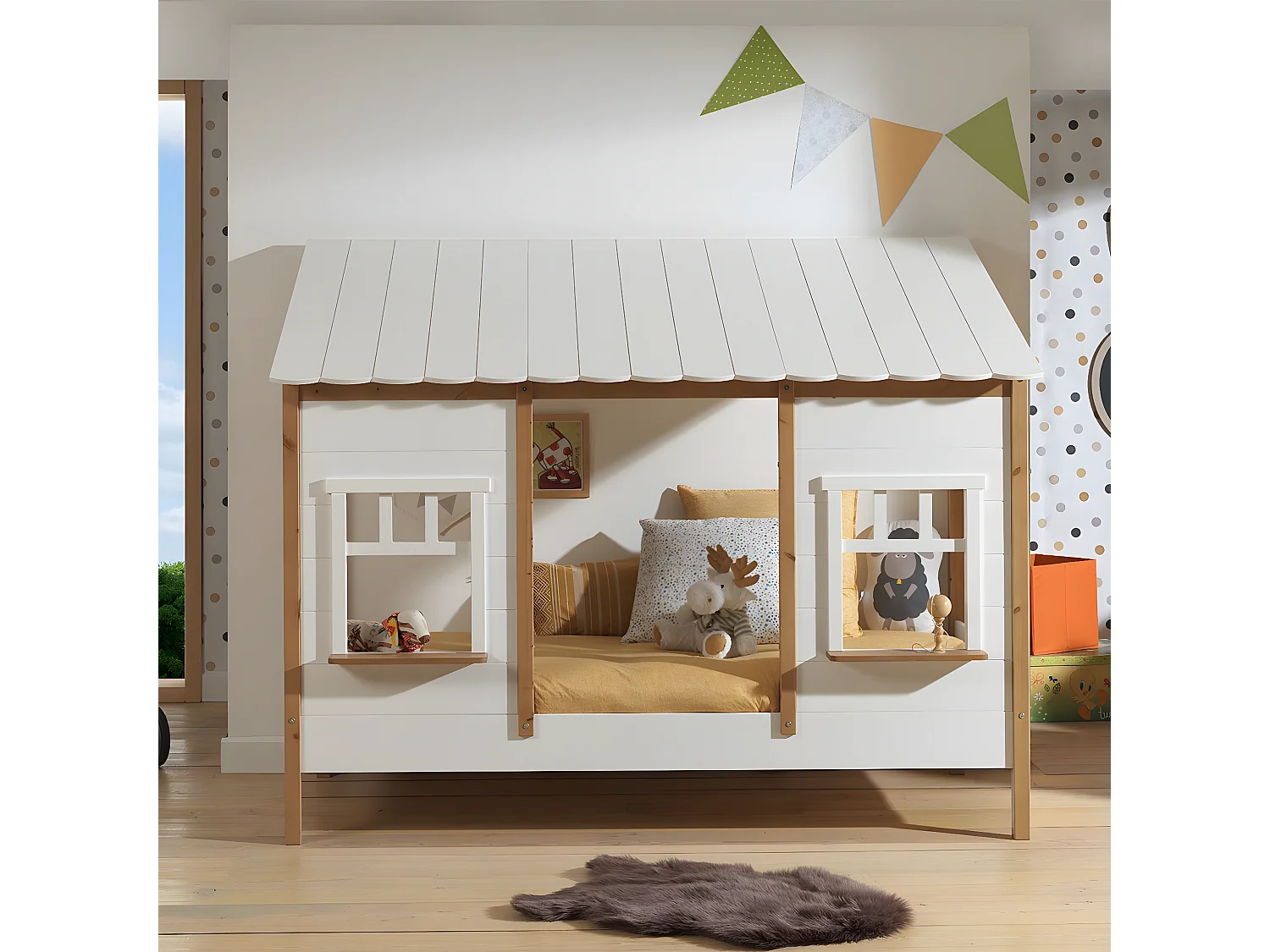 LAKA - Lit Maison 90x200cm Blanc et Pin Naturel