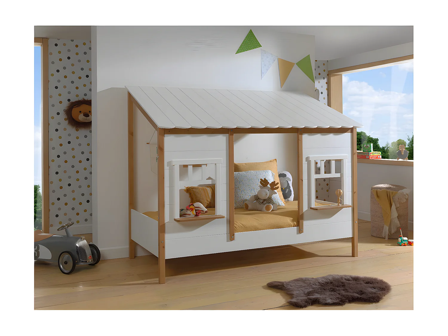 LAKA - Lit Maison 90x200cm Blanc et Pin Naturel