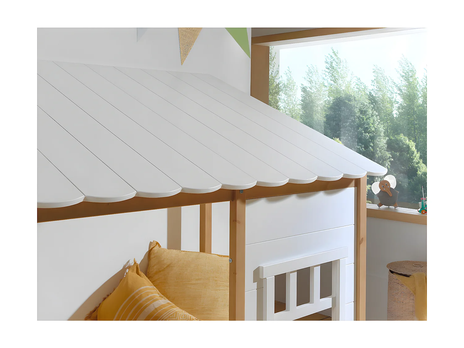 LAKA - Lit Maison 90x200cm Blanc et Pin Naturel
