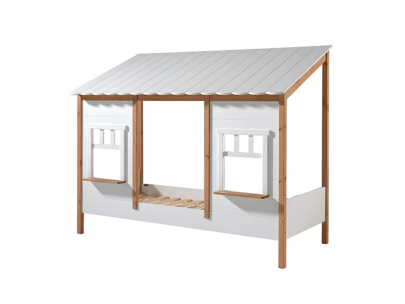 LAKA - Lit Maison 90x200cm Blanc et Pin Naturel