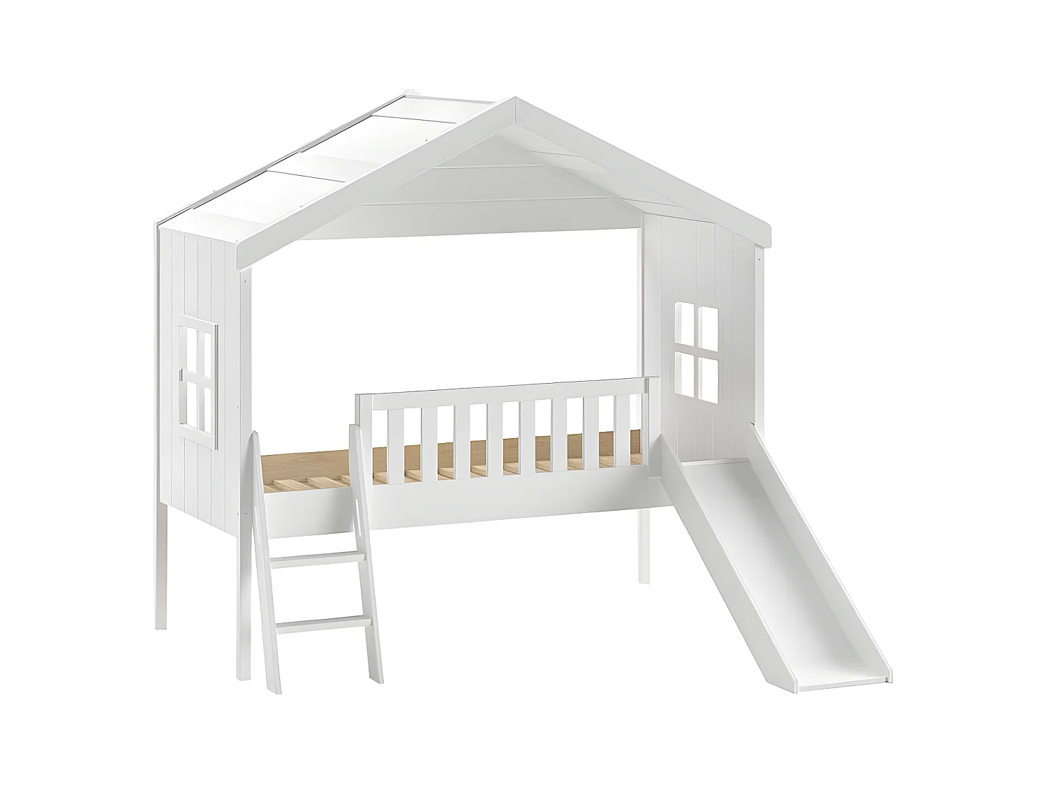 LAKA - Lit Maison Surélevé 90x200cm Blanc avec Toboggan