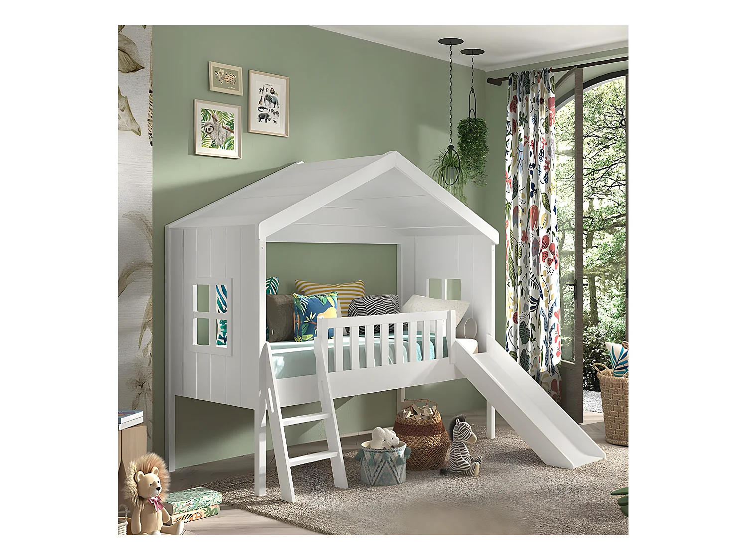 LAKA - Lit Maison Surélevé 90x200cm Blanc avec Toboggan