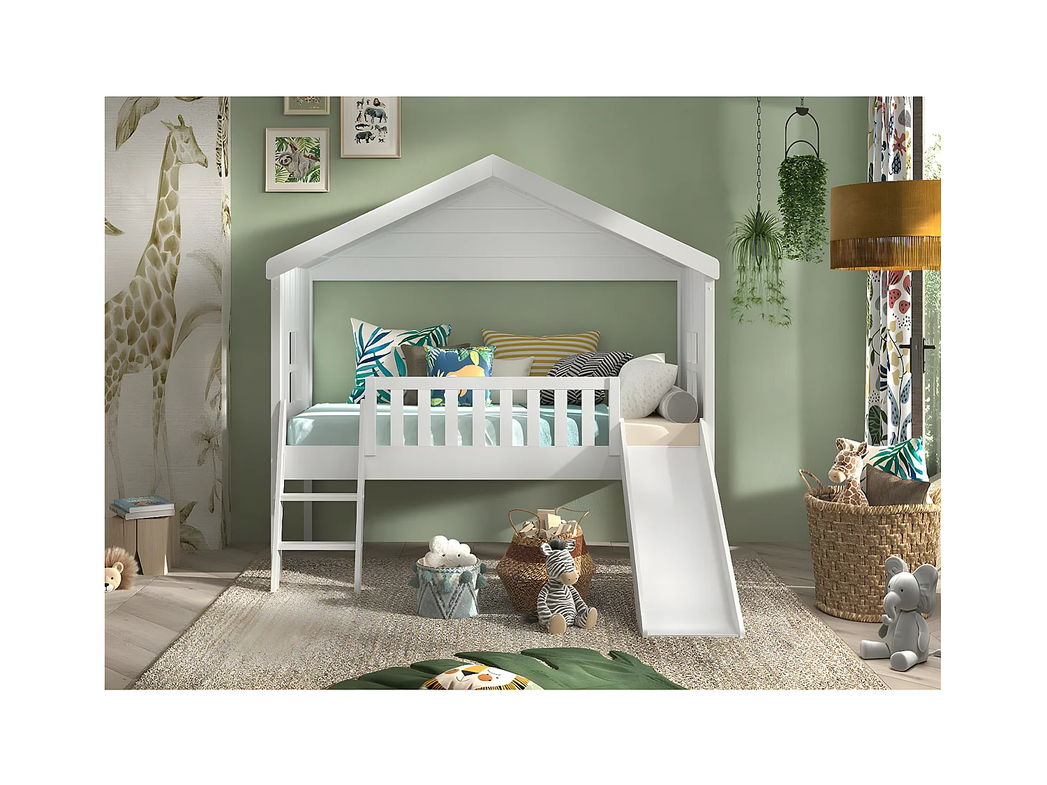 LAKA - Lit Maison Surélevé 90x200cm Blanc avec Toboggan