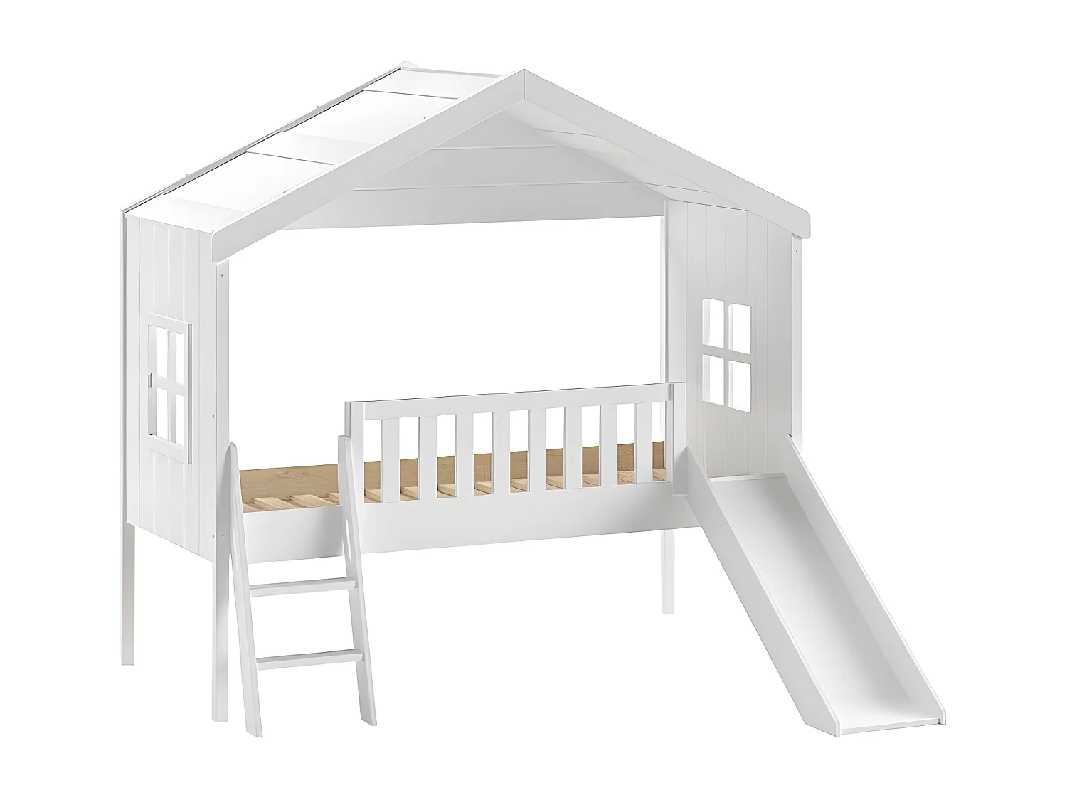 LAKA - Lit Maison Surélevé 90x200cm Blanc avec Toboggan