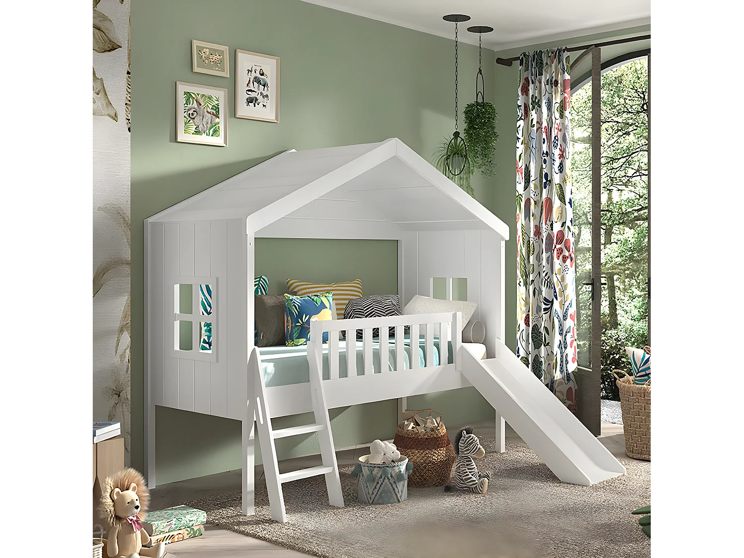 LAKA - Lit Maison Surélevé 90x200cm Blanc avec Toboggan