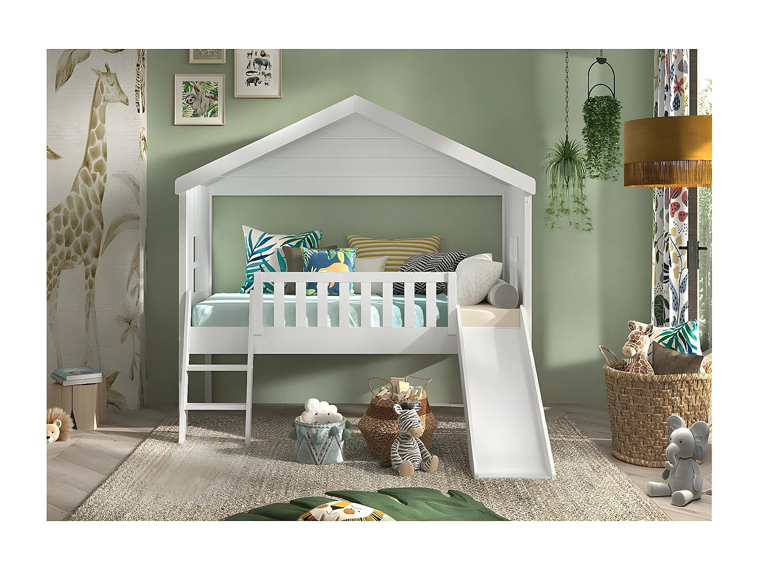 LAKA - Lit Maison Surélevé 90x200cm Blanc avec Toboggan