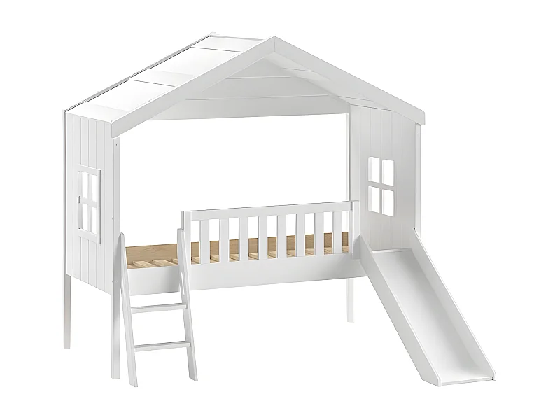 LAKA - Lit Maison Surélevé 90x200cm Blanc avec Toboggan