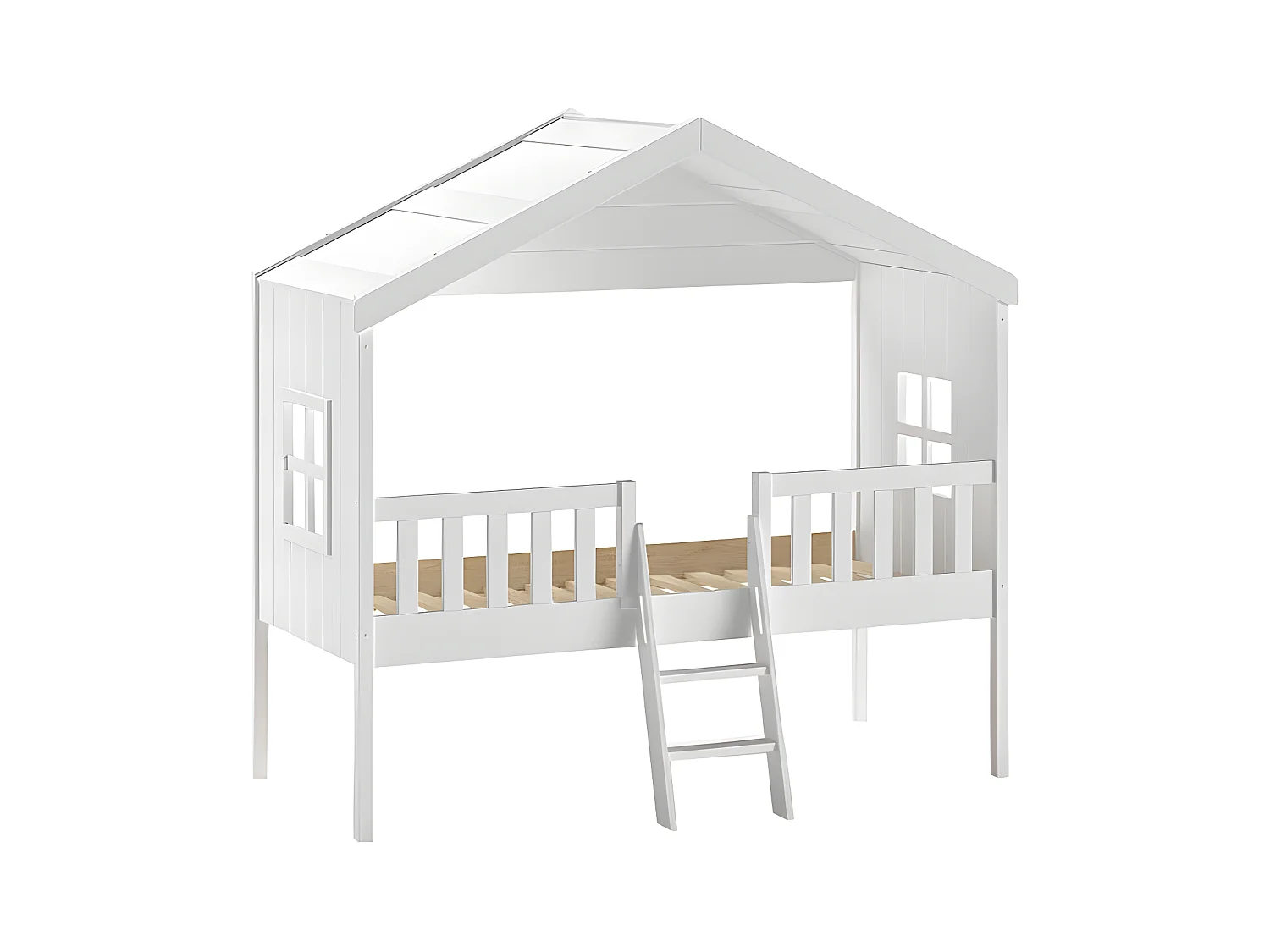 LAKA - Lit Maison Surélevé 90x200cm Blanc