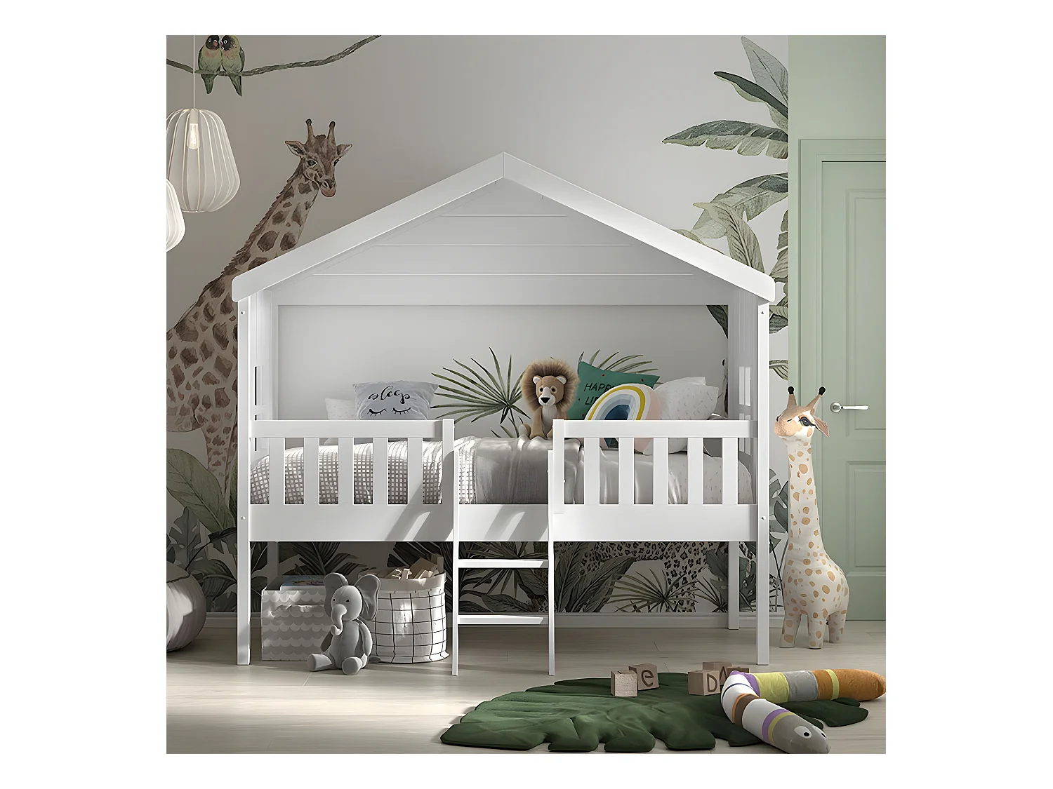 LAKA - Lit Maison Surélevé 90x200cm Blanc