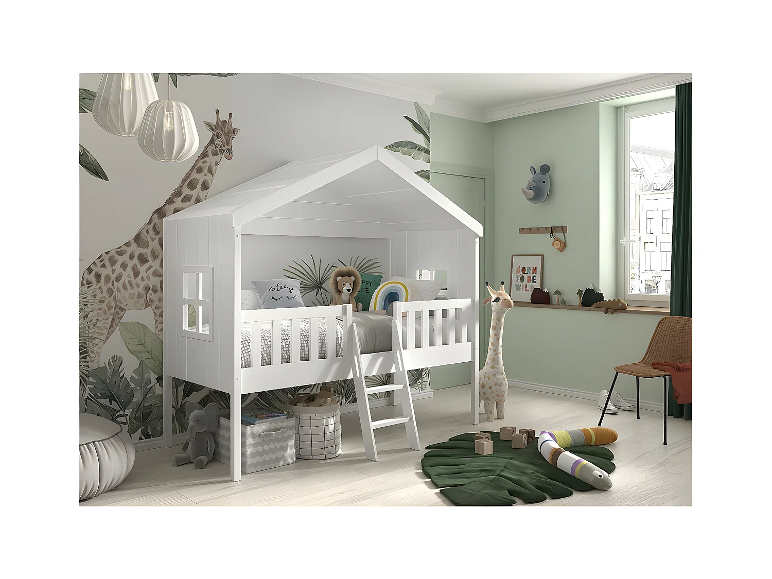 LAKA - Lit Maison Surélevé 90x200cm Blanc