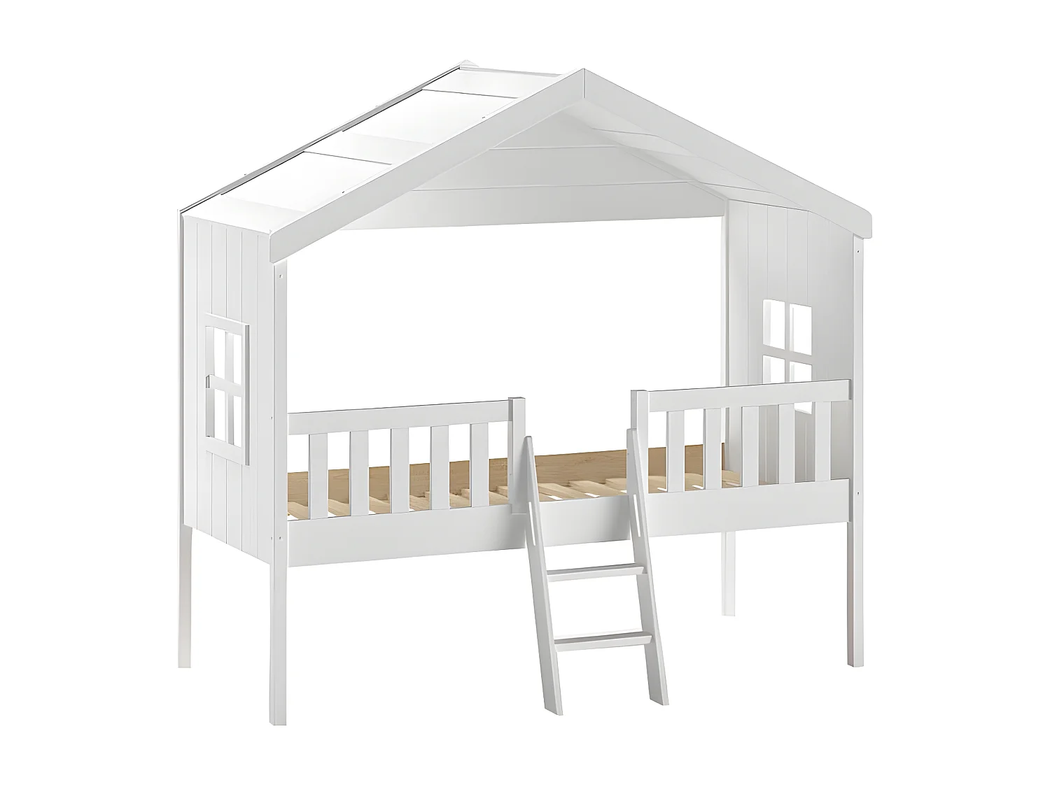 LAKA - Lit Maison Surélevé 90x200cm Blanc