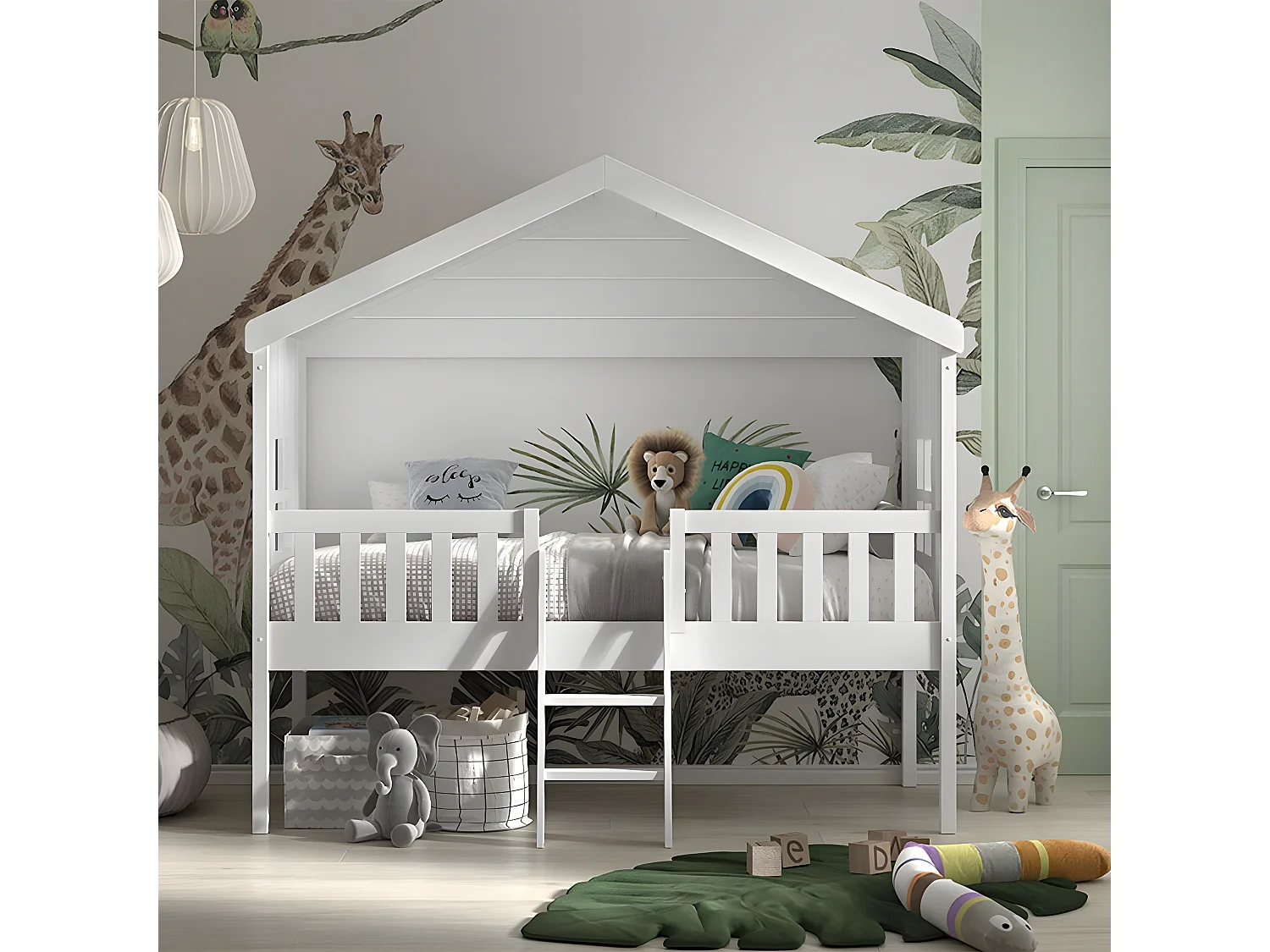 LAKA - Lit Maison Surélevé 90x200cm Blanc