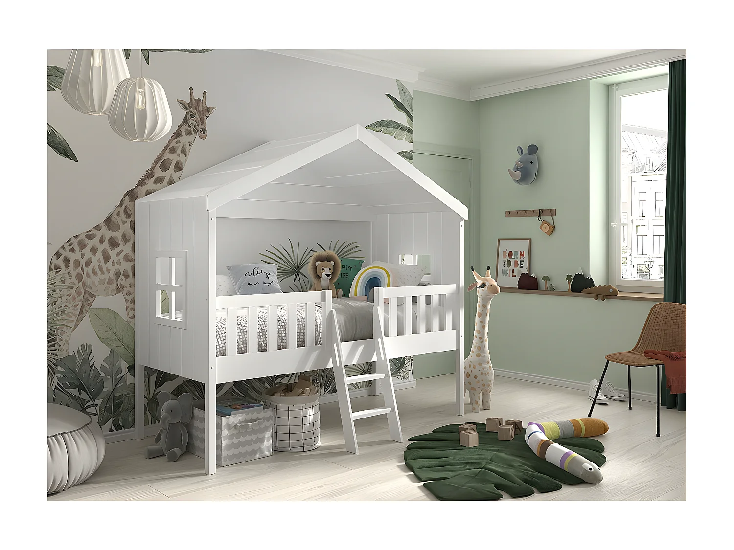 LAKA - Lit Maison Surélevé 90x200cm Blanc