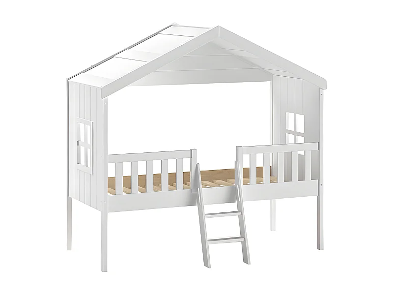 LAKA - Lit Maison Surélevé 90x200cm Blanc