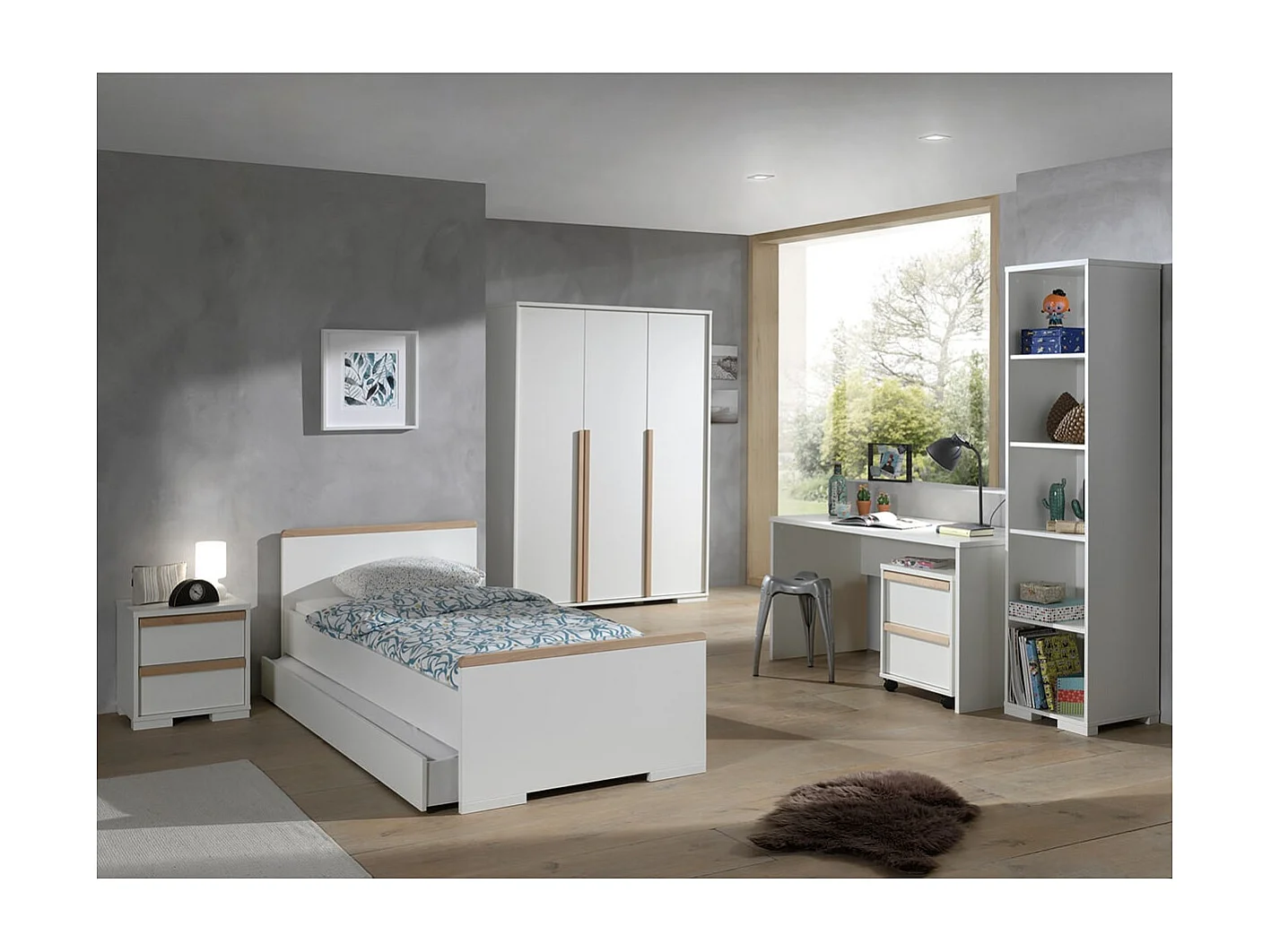 NASH WHITE - Chambre 90x200cm + Armoire 3P + Pack Bureau
