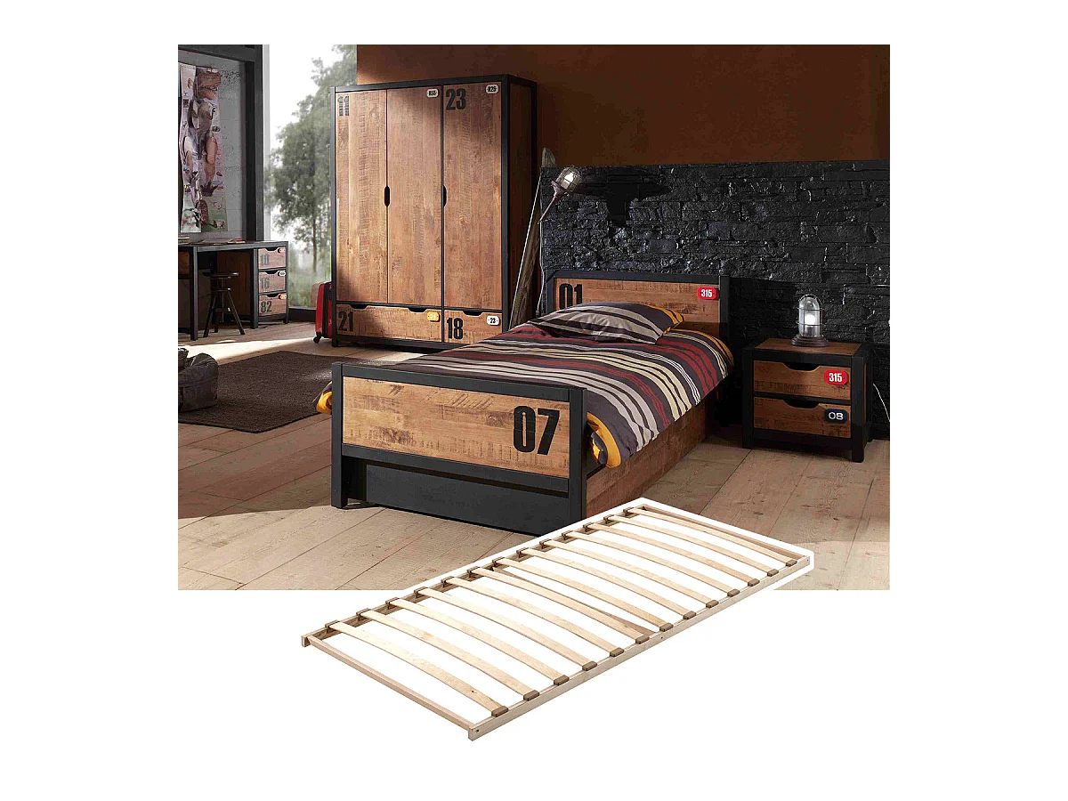 TCHAD - Chambre 90x200cm avec Sommier + Armoire 3 Portes