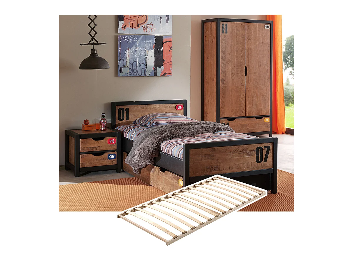 TCHAD - Chambre 90x200cm avec Sommier + Armoire 2 Portes