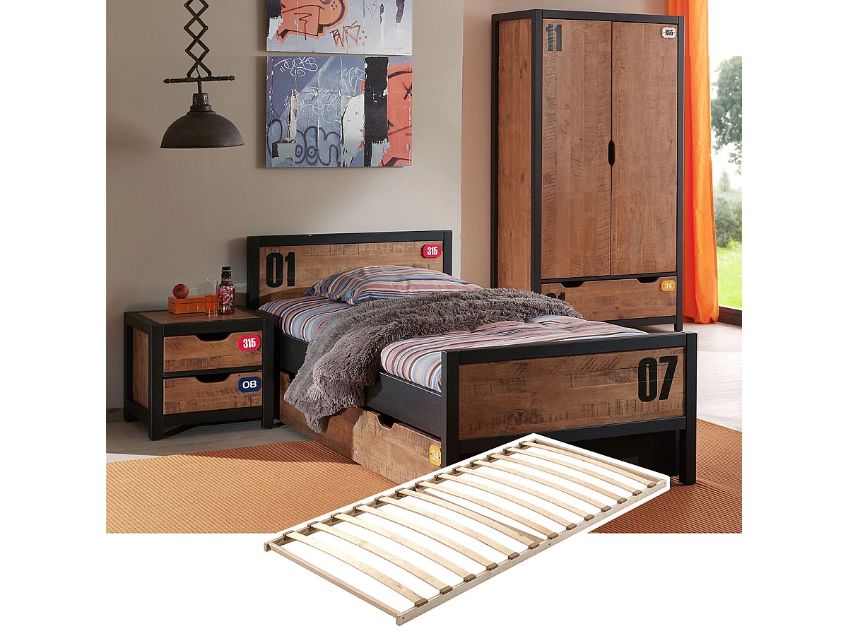 TCHAD - Chambre 90x200cm avec Sommier + Armoire 2 Portes