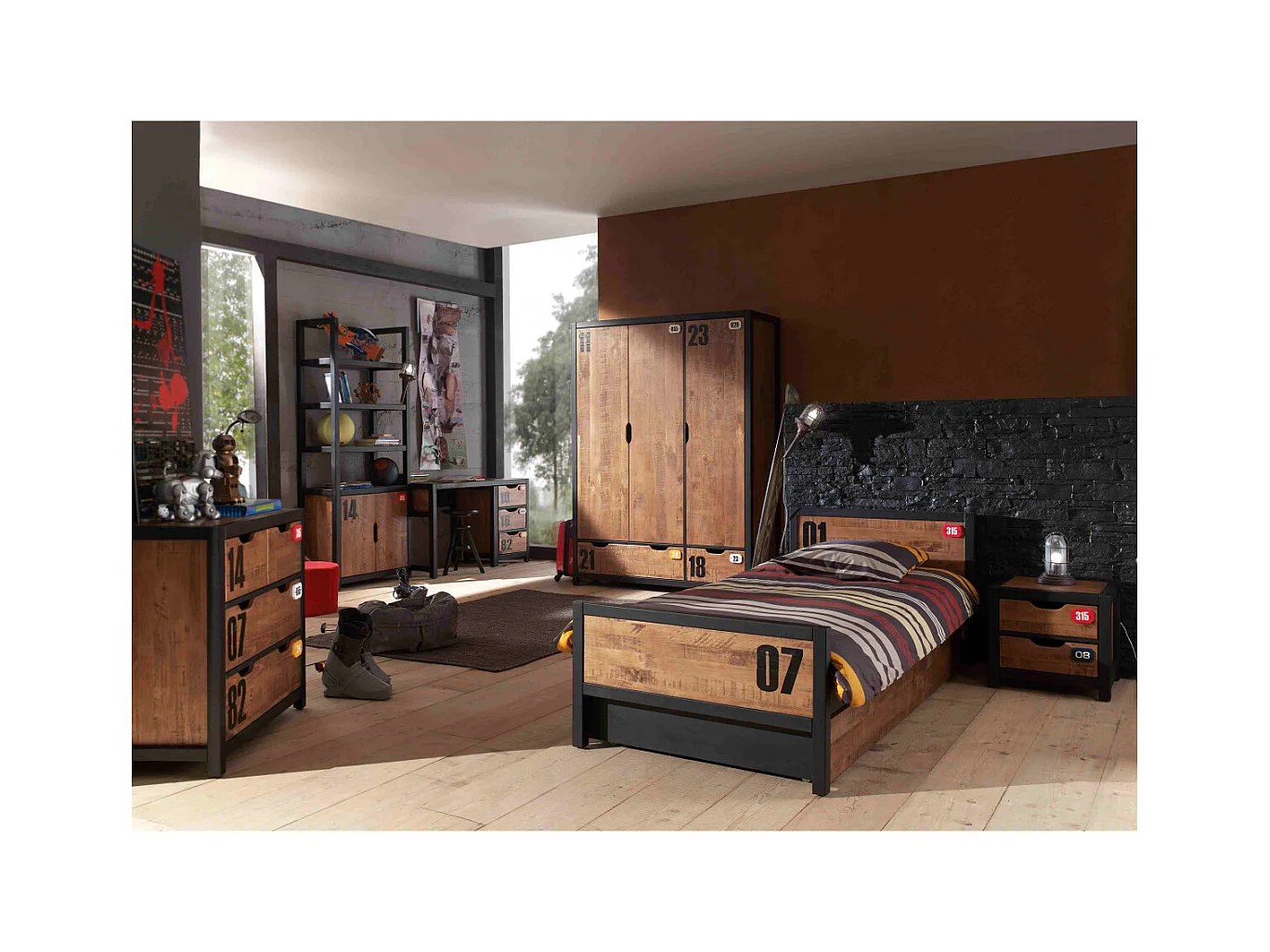 TCHAD - Chambre Complète 90x200cm + Armoire 3P + Pack Bureau