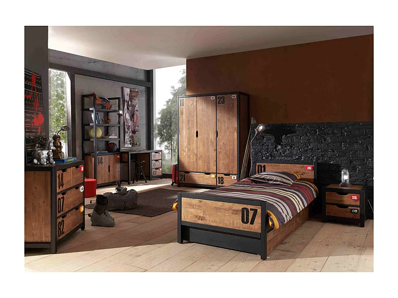 TCHAD - Chambre Complète 90x200cm + Armoire 3P + Pack Bureau