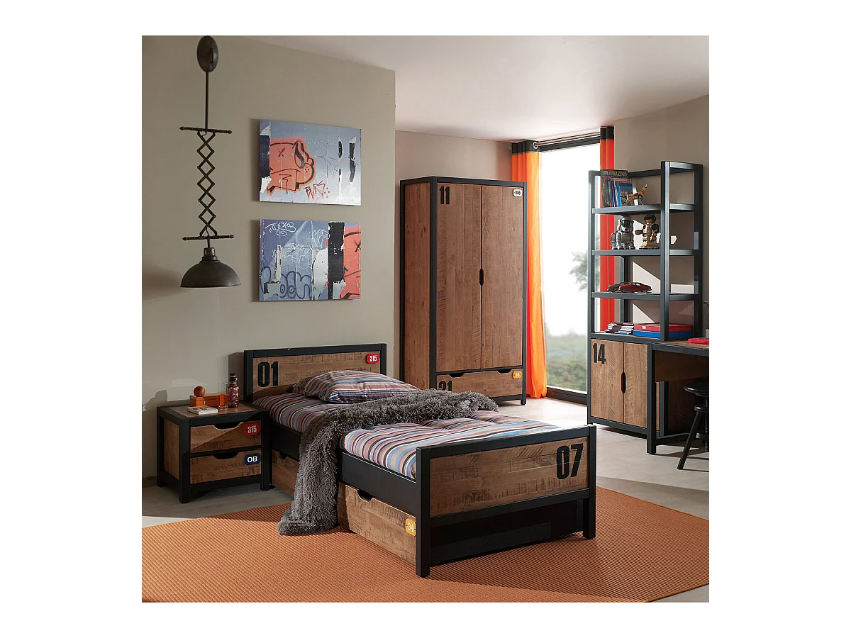 TCHAD - Chambre 90x200cm + Armoire 2 Portes + Bibliothèque