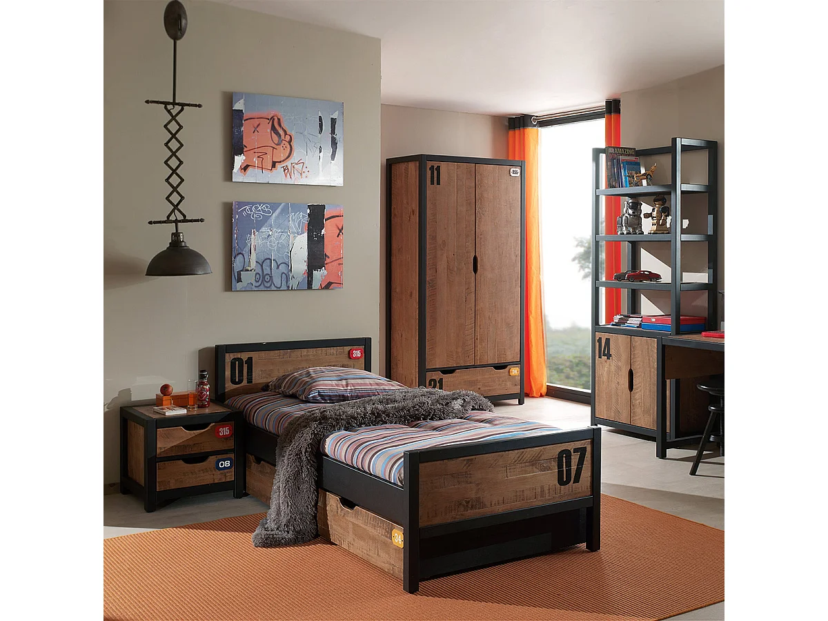 TCHAD - Chambre 90x200cm + Armoire 2 Portes + Bibliothèque