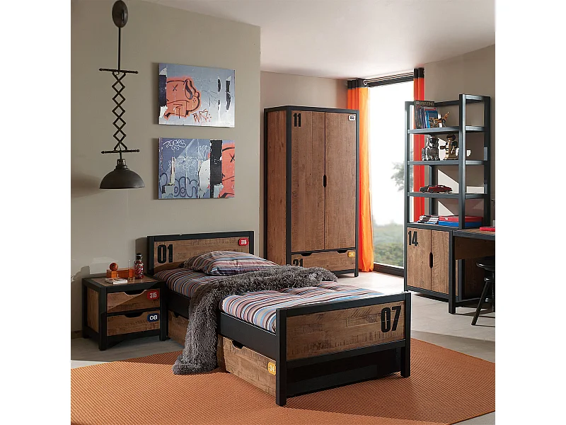 TCHAD - Chambre 90x200cm + Armoire 2 Portes + Bibliothèque