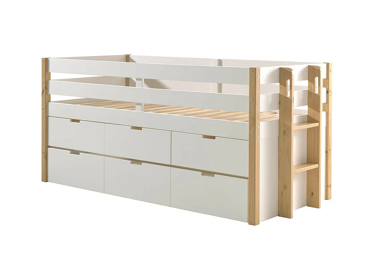 OLAF - Lit Gigogne Surélevé 90x200cm à Tiroirs Blanc et Bois