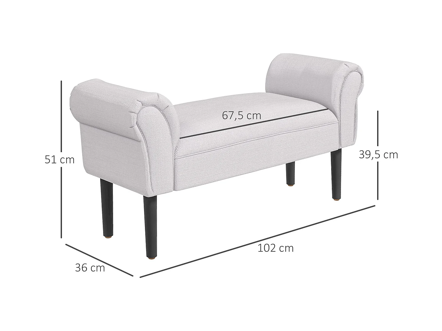 Banc banquette design contemporain accoudoirs courbés grand confort 102L x 31l x 51H cm gris clair
