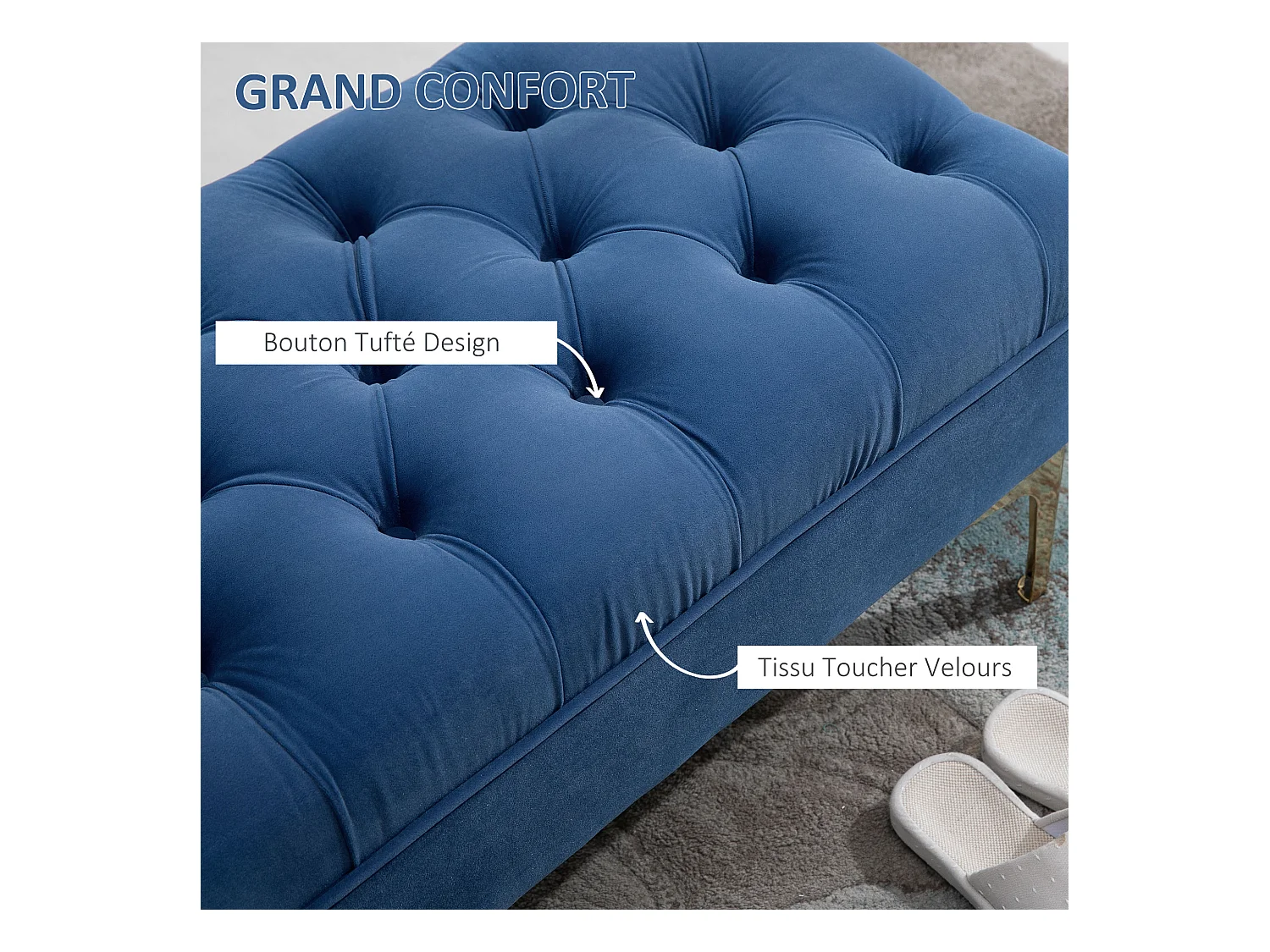 Banc banquette capitonnée style classique chic dim. 118L x 45l x 42H cm piètement métal doré velours bleu roi
