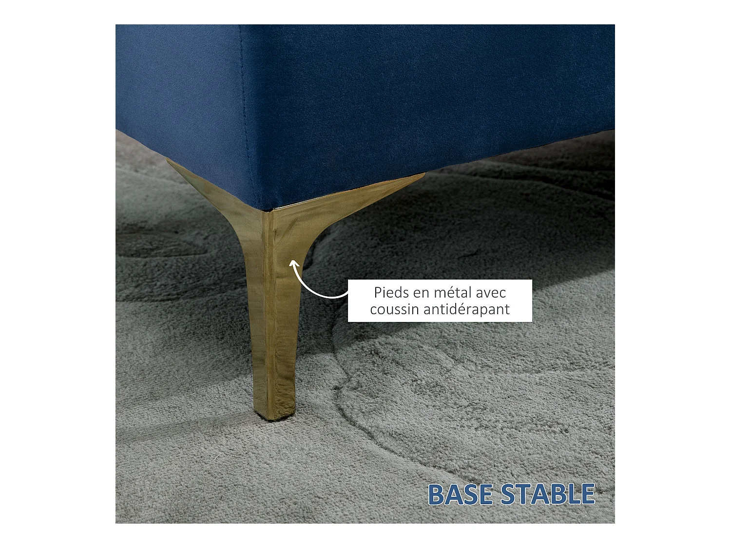 Banc banquette capitonnée style classique chic dim. 118L x 45l x 42H cm piètement métal doré velours bleu roi