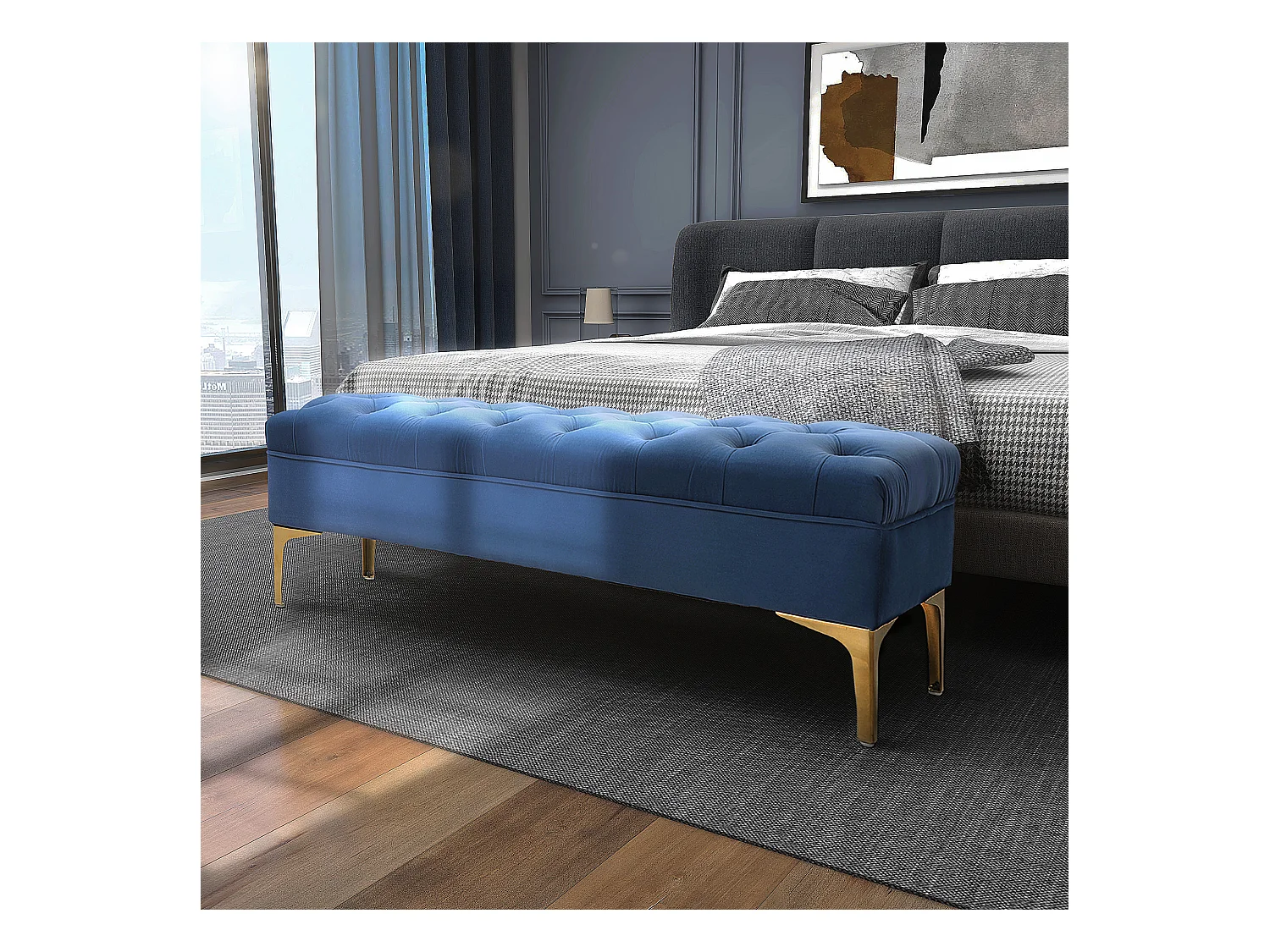 Banc banquette capitonnée style classique chic dim. 118L x 45l x 42H cm piètement métal doré velours bleu roi
