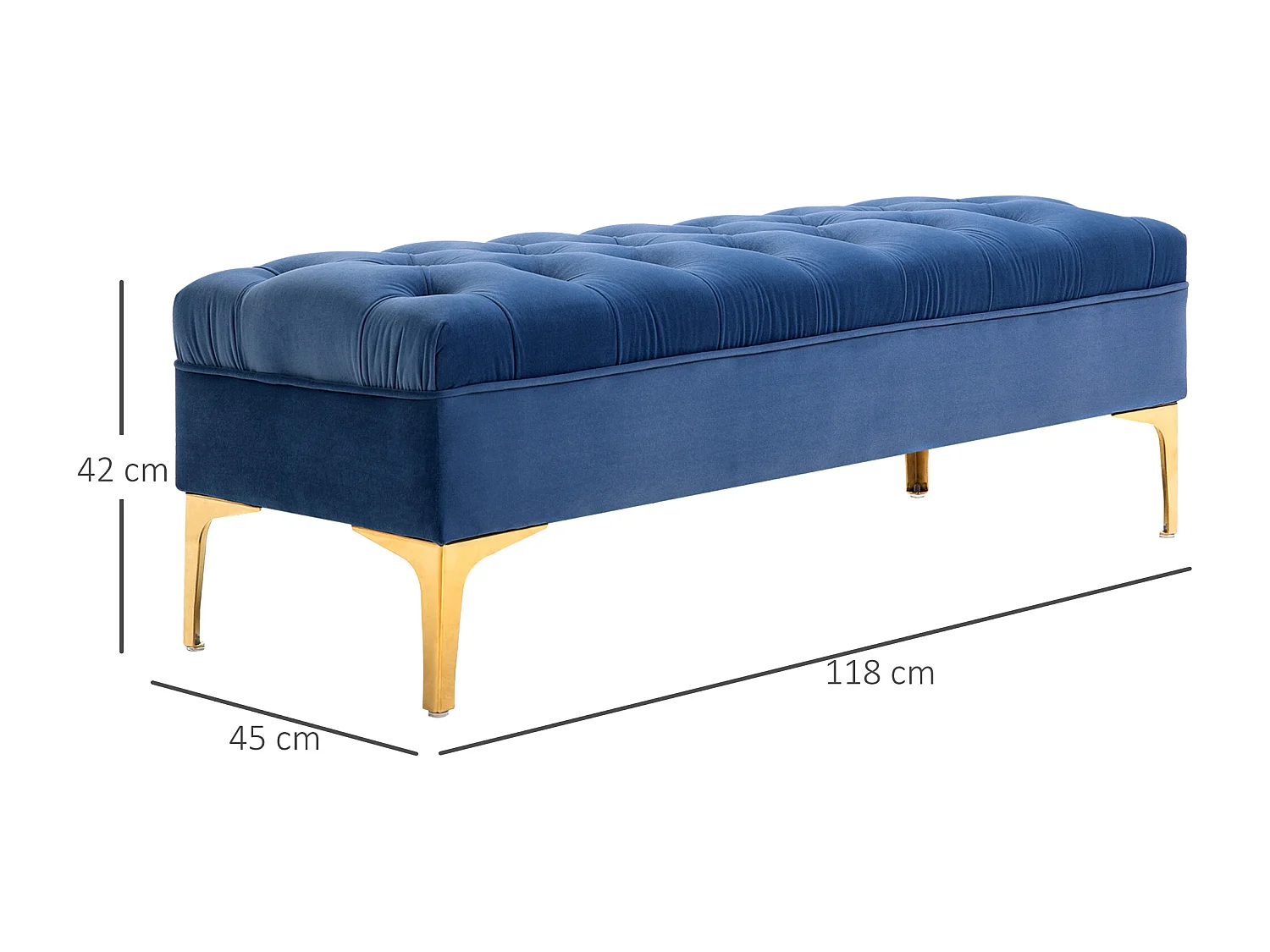 Banc banquette capitonnée style classique chic dim. 118L x 45l x 42H cm piètement métal doré velours bleu roi