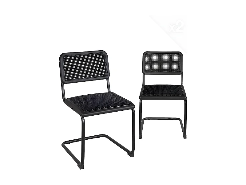 Lot 2 chaises rétro vintage siège plastique façon osier tréssé pieds métal noir SAFI