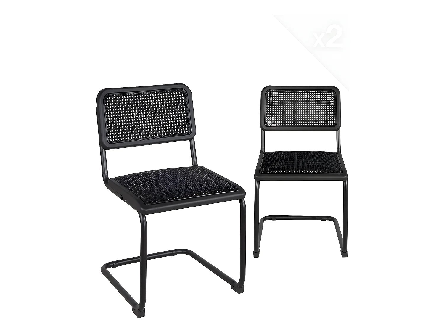 Lot 2 chaises rétro vintage siège plastique façon osier tréssé pieds métal noir SAFI