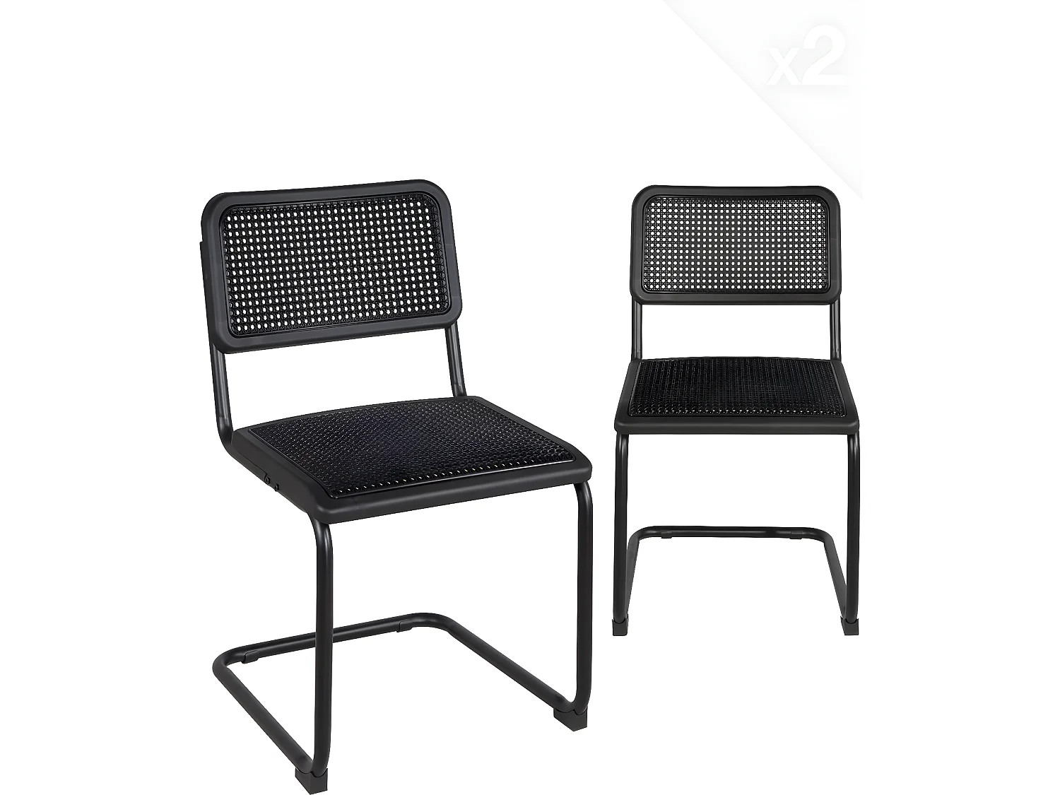 Lot 2 chaises rétro vintage siège plastique façon osier tréssé pieds métal noir SAFI