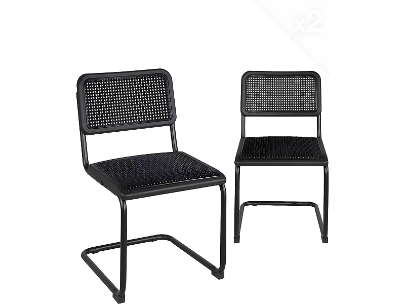 Set van 2 retro vintage stoelen plastieken zitting gevlochten rietlook zwarte metalen poten SAFI